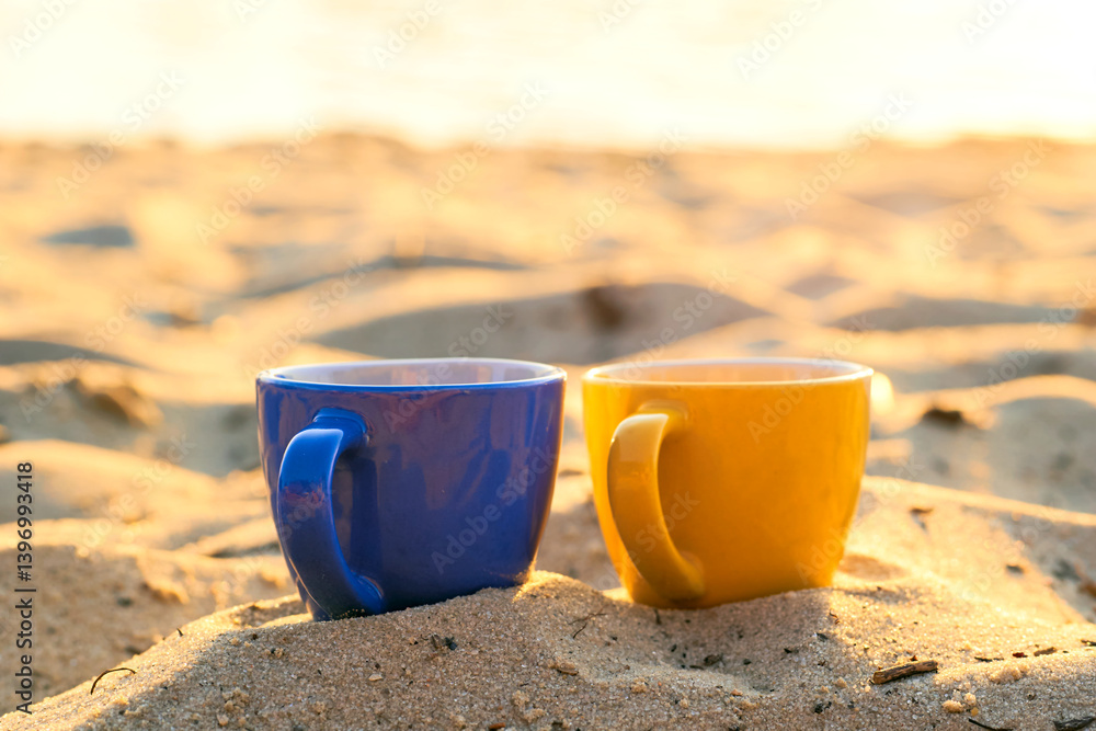 Blue yellow ceramic cups for coffee tea beverages on sunny yellow sand Blue yellow ceramic cups for coffee tea beverages on sunny yellow sand