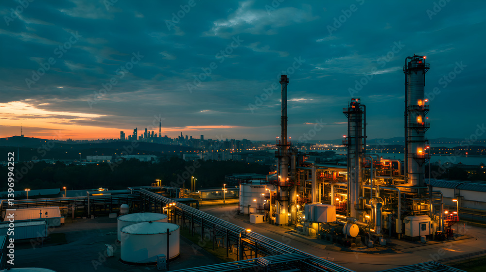 Oil refinery plant lighting up at dusk near city skyline
