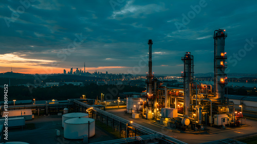 Obraz na płótnie Oil refinery plant lighting up at dusk near city skyline w salonie