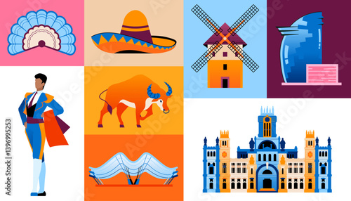 Spanish culture and tradition - set of flat design style objects