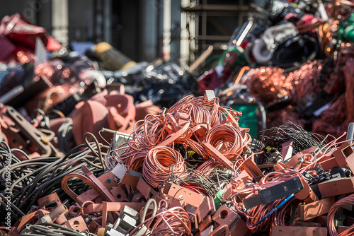 Obraz na płótnie Copper wire scrap piled up for recycling in junkyard w salonie