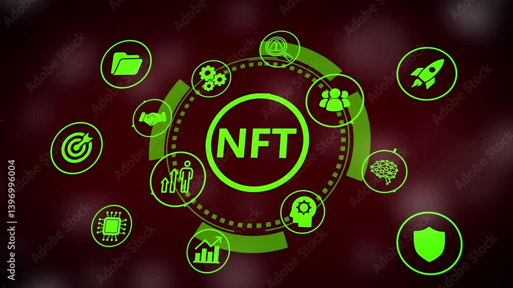 NFT Non-fungible token digital crypto on virtual screen.
