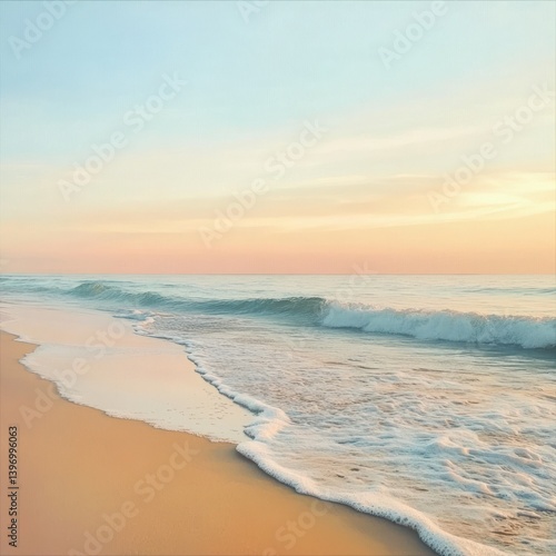Tranquil pastel sunrise painting the beach with soft hues and gentle waves
