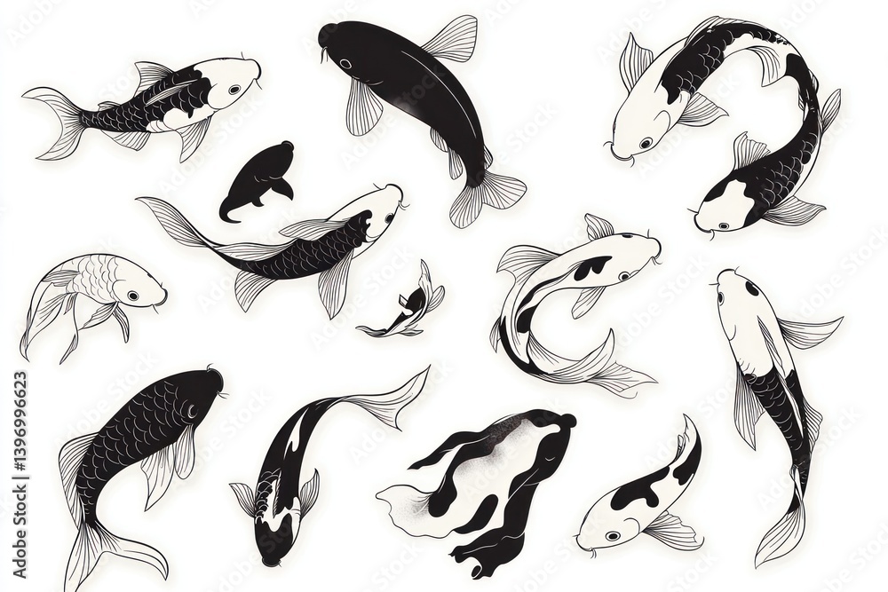 Obraz premium Black-white Koi fish illustration, aquatic design, white background, graphic art, print