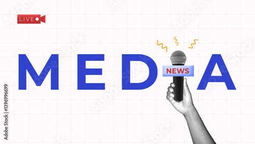 halftone collage, news media. main text with news handheld microphone. live news, visual journalism, press, broadcasting or digital media marketing