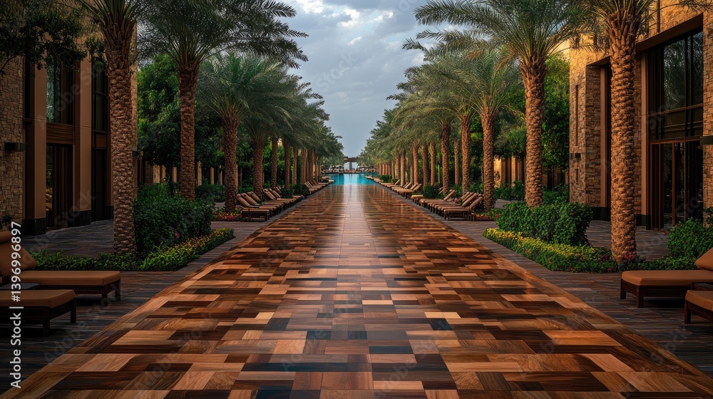 Obraz premium Luxury resort pool walkway. Palm trees line a long, reflective pool. Wooden mosaic decking