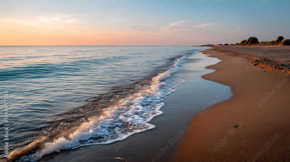 Tranquil Shoreline at Sunset with Soft Waves and Calm Waters Reflecting Beautiful Sky Colors