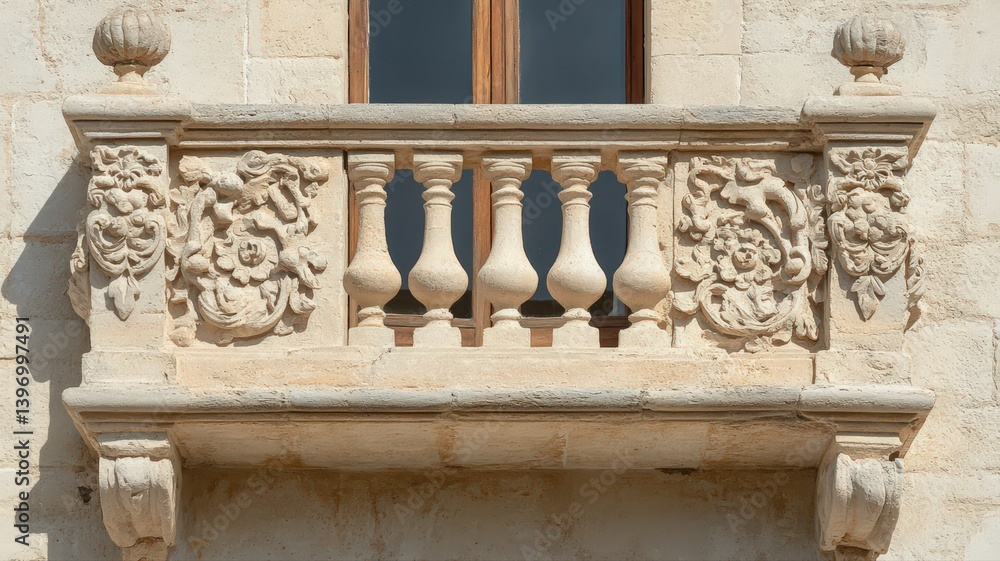 Ornate Stone Balcony with Intricate Carvings and Aged Beige Stone Featuring Bulbous Pillars Exterior Architecture in Europe