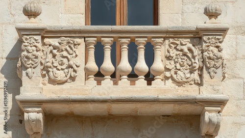Obraz na płótnie Ornate Stone Balcony with Intricate Carvings and Aged Beige Stone Featuring Bulbous Pillars Exterior Architecture in Europe w salonie