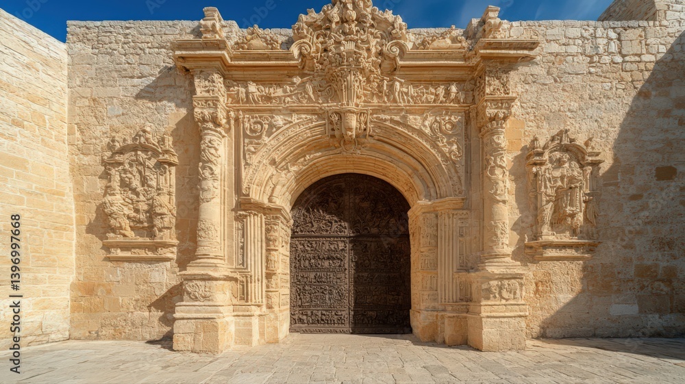 Obraz premium Ornate Stone Archway with Wrought Iron Gate on Sunlit Building Facade Featuring Detailed Carvings and Historical Architecture Under a Clear Sky