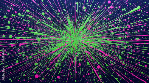 Witness a dynamic burst of neon green, pink, and blue paint splatters energizing urban art.