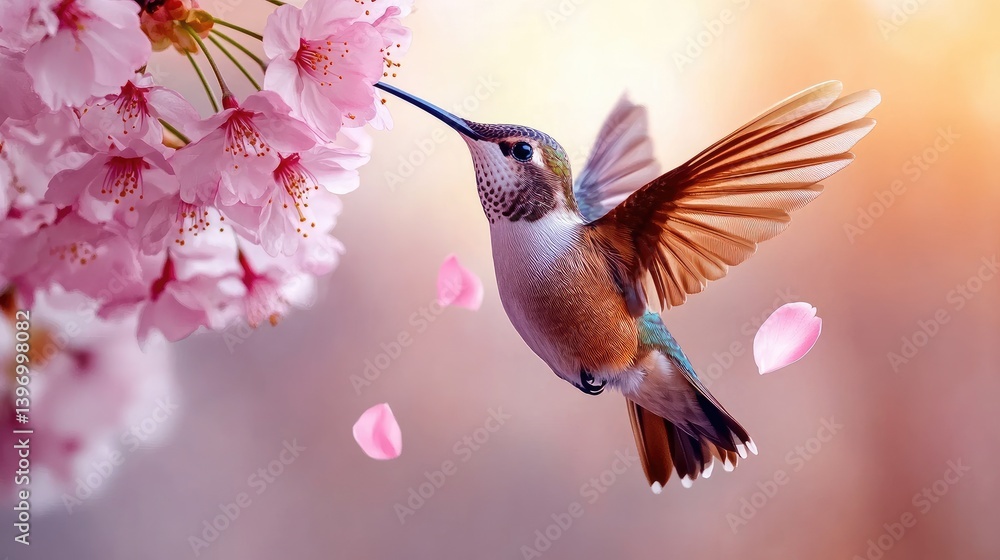 Fototapeta premium Hummingbird flying and drinking nectar from cherry blossom in spring