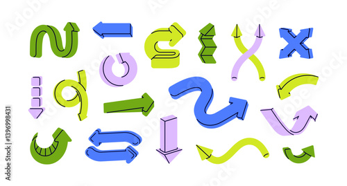 Arrows, points, design elements, actions and movement signs, pointers set. Pointing icons for direction, navigation in computer interface. Flat vector illustration isolated on white background