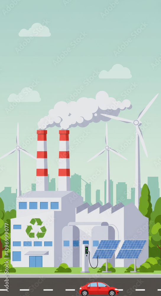 Obraz premium Sustainable Future: Balancing Industry with Clean Energy & Electric Vehicles. Green Factory, Wind Turbines, Solar Panels, & EV Charging!