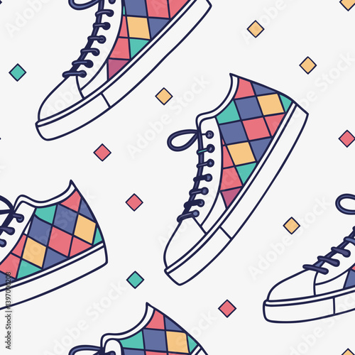 Colorful vector seamless pattern of Sneakers with Geometric Shapes  