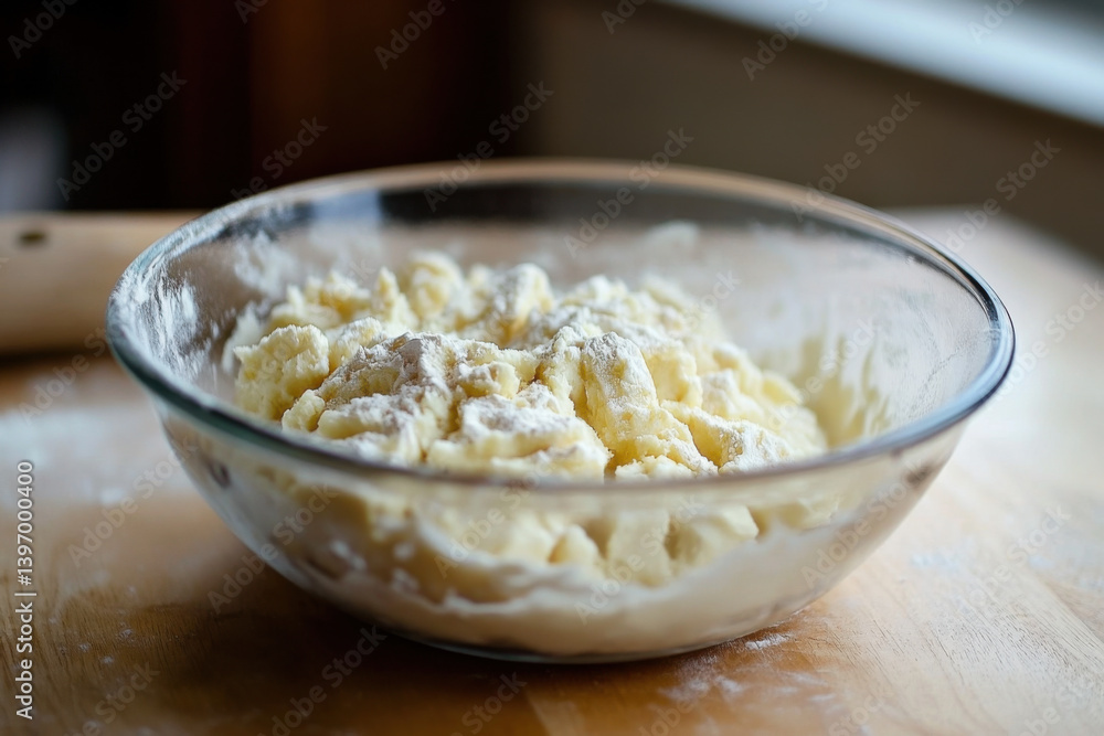 Cooking process of making mashed potatoes in a glass bowl on a wooden countertop Cooking process of making mashed potatoes in a glass bowl on a wooden countertop