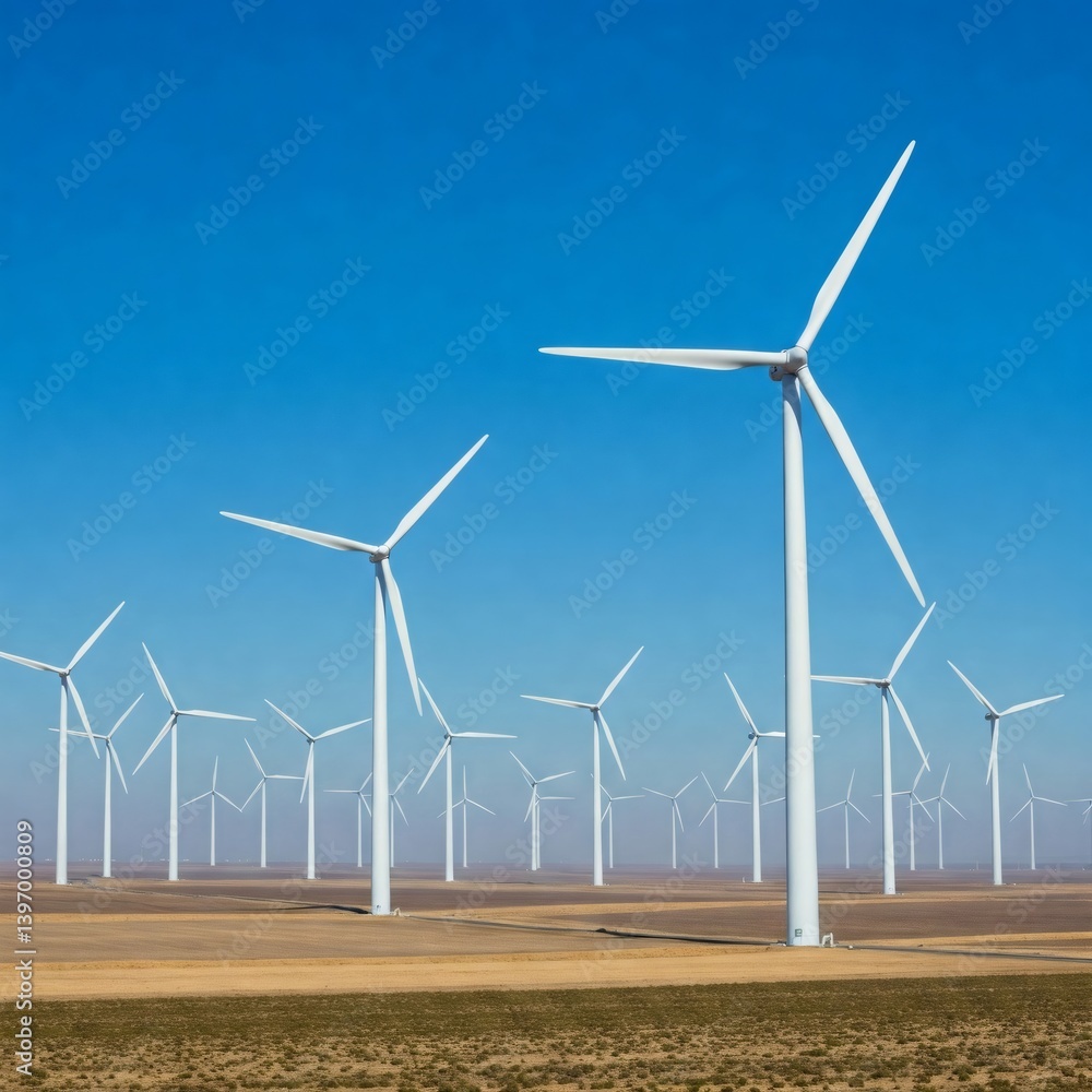Fototapeta premium Wind turbines generating clean energy in a wind farm under blue sky