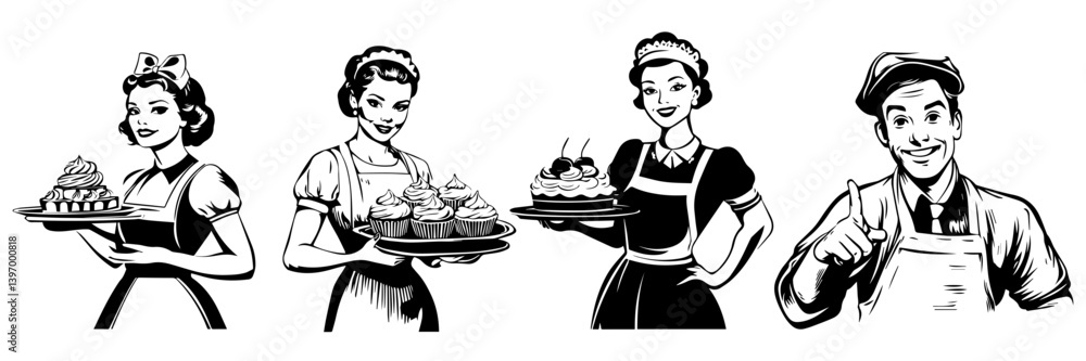 Black silhouette of a restaurant server walking with a tray on a clear white background Black silhouette of a restaurant server walking with a tray on a clear white background