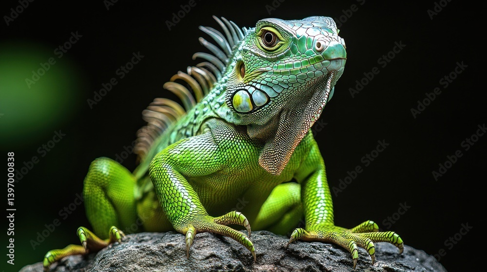 Bright green iguana rests confidently on a rugged rock, displaying intricate scale patterns against a shadowy backdrop Bright green iguana rests confidently on a rugged rock, displaying intricate scale patterns against a shadowy backdrop
