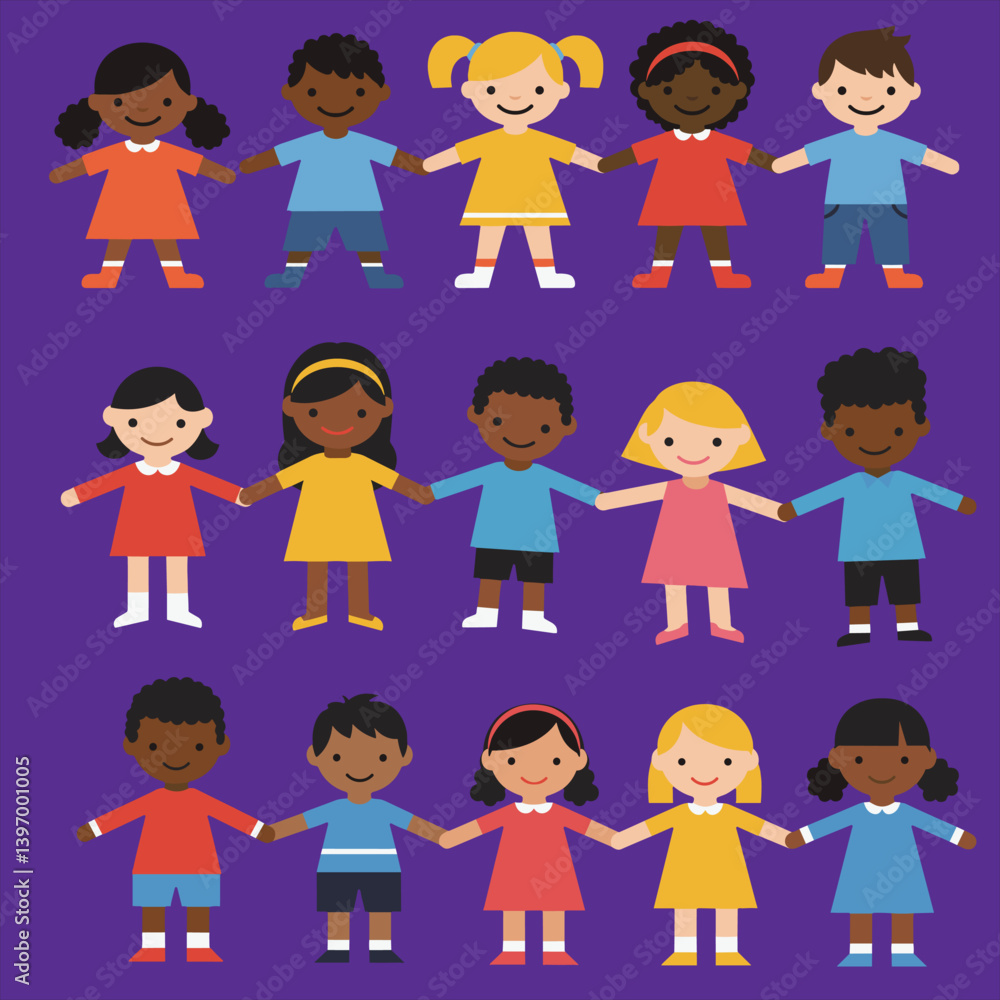 Group of diverse cartoon children holding hands expressing global unity Group of diverse cartoon children holding hands expressing global unity