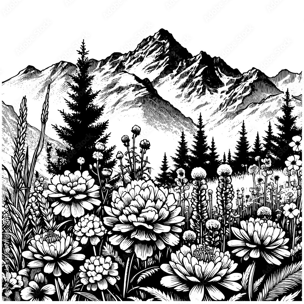 Fototapeta premium Blooming alpine meadow wildflowers , delicate petals, lush foliage, and detailed botanical elements sketch engraving generative ai PNG illustration. Scratch board imitation. Black and white image.