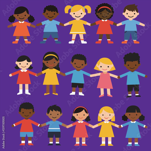 Group of diverse cartoon children holding hands expressing global unity