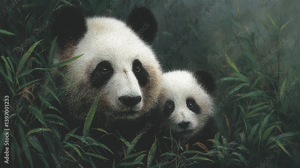 Fototapeta premium Majestic Mother Panda and Cub Hiding in Lush Bamboo Forest