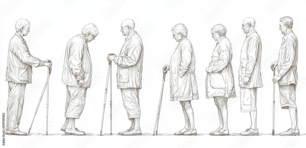 A continuous line drawing of an older, heavier couple with canes. Contemporary illustration. A single-line drawing of an old grandfather or grandmother with a cane