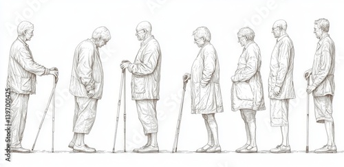 A continuous line drawing of an older, heavier couple with canes. Contemporary illustration. A single-line drawing of an old grandfather or grandmother with a cane