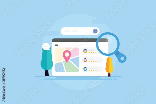 Business SEO concept, customer review list, business map location appears on search page, local search optimization.