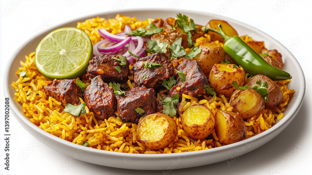 Spicy Cubed Meat Dish with Yellow Rice, Potatoes, Lime, Onion, and Chili on Plate Spicy Cubed Meat Dish with Yellow Rice, Potatoes, Lime, Onion, and Chili on Plate