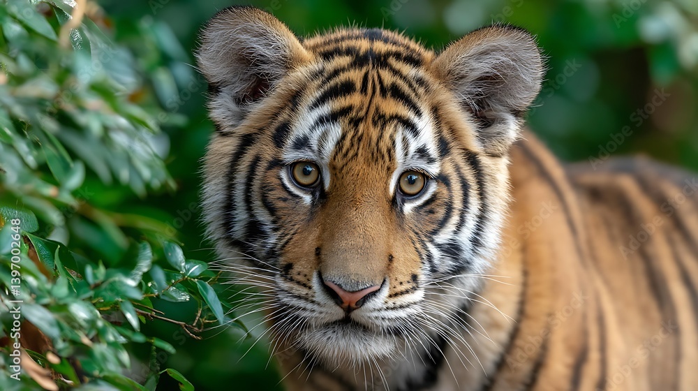 Fototapeta premium Adorable Tiger Cub Close Up Portrait in Lush Green Foliage