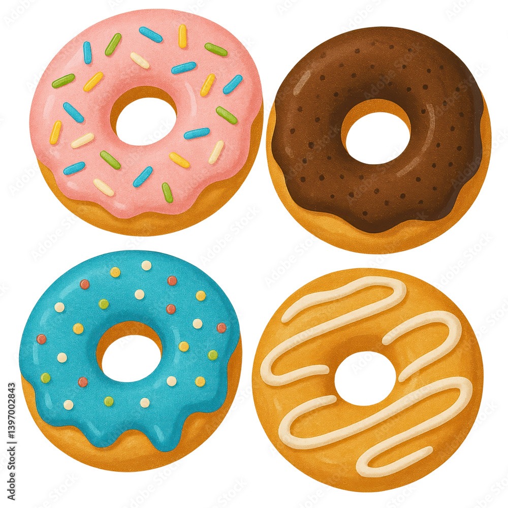 Four colorful donuts featuring sprinkles and icing, showcasing a variety of flavors and designs. Four colorful donuts featuring sprinkles and icing, showcasing a variety of flavors and designs.