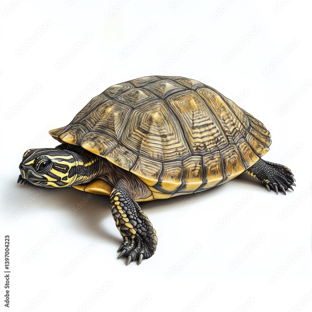 Fototapeta premium Yellow-bellied turtle crawling, studio shot, white background, pet reptile