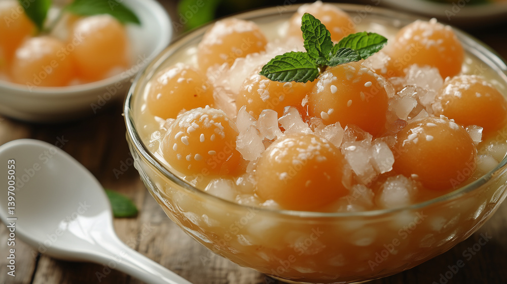 Thai Cantaloupe Sweet Balls in Syrup with Crushed Ice and Mint in Glass Bowl Thai Cantaloupe Sweet Balls in Syrup with Crushed Ice and Mint in Glass Bowl