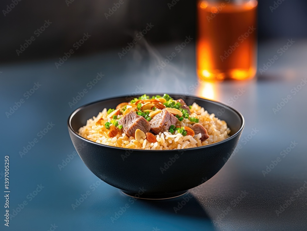Steaming bowl of rice garnished with herbs, vibrant colors, invi Steaming bowl of rice garnished with herbs, vibrant colors, invi