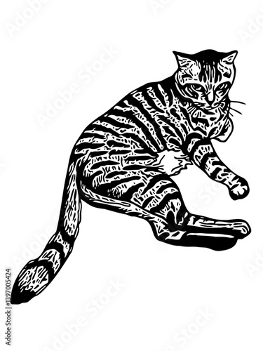Fotografie black and white illustration of a relaxed tabby cat with reclining pose and tail stretched out