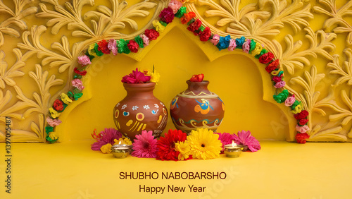 Bengali New Year image showing two pots surrounded by flowers, set against a yellow background. 