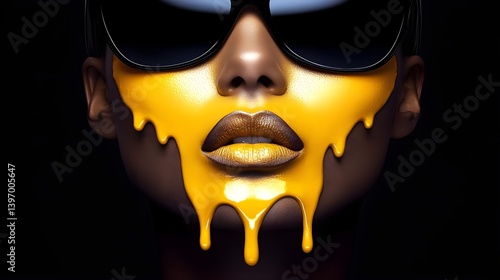 Elegant Black Woman with Yellow Paint Dripping on Her Face