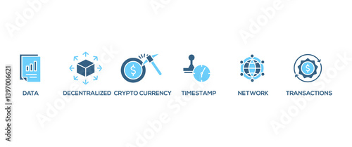 Blockchain banner web icon vector illustration concept with icon of data, decentralized, crypto currency, timestamp, network and transactions
