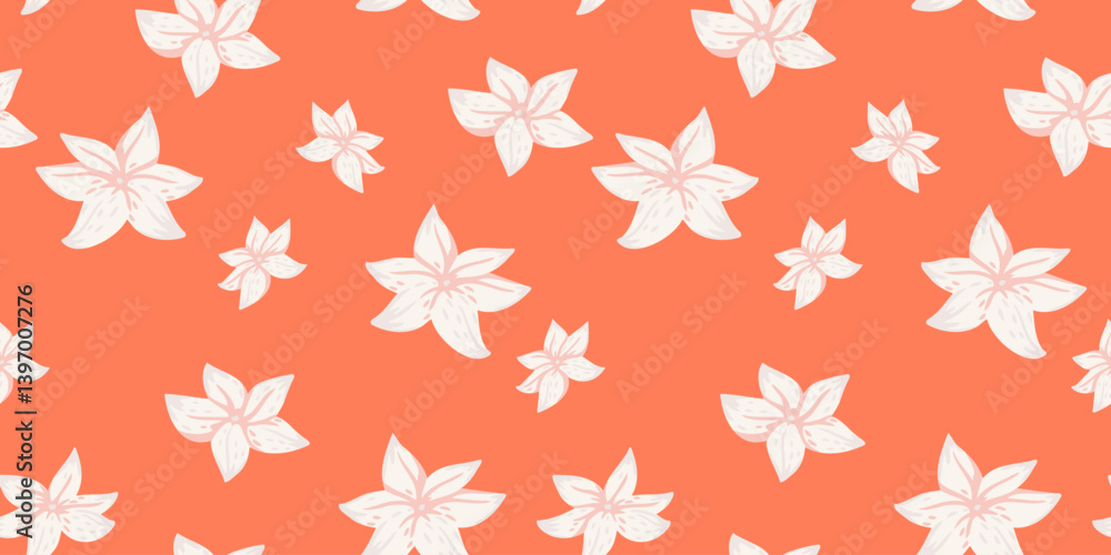 Seamless vector floral pattern with simple hand drawn white flowers on a vibrant orange background. Ideal for fabric, wallpaper, packaging, and summer-themed design projects. Seamless vector floral pattern with simple hand drawn white flowers on a vibrant orange background. Ideal for fabric, wallpaper, packaging, and summer-themed design projects.