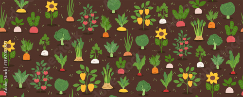 Gardening and farming concept seamless pattern. Nature background with different vegetables on brown surface. Regenerative farming concept. Vector flat banner.