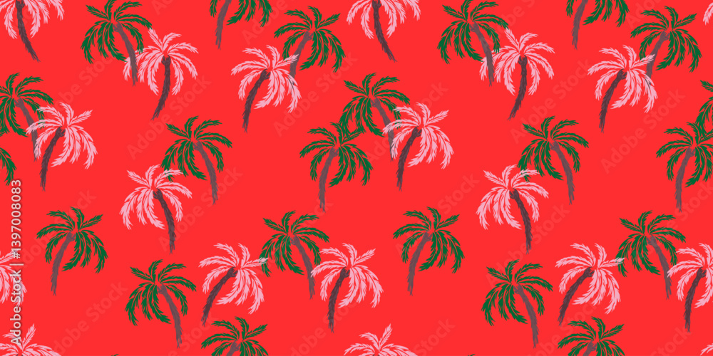 Seamless tropical palm tree vector pattern with a vibrant red background. The design features lush green and soft pink palm leaves, creating a bold, exotic, and stylish look, summer fashion, textiles Seamless tropical palm tree vector pattern with a vibrant red background. The design features lush green and soft pink palm leaves, creating a bold, exotic, and stylish look, summer fashion, textiles
