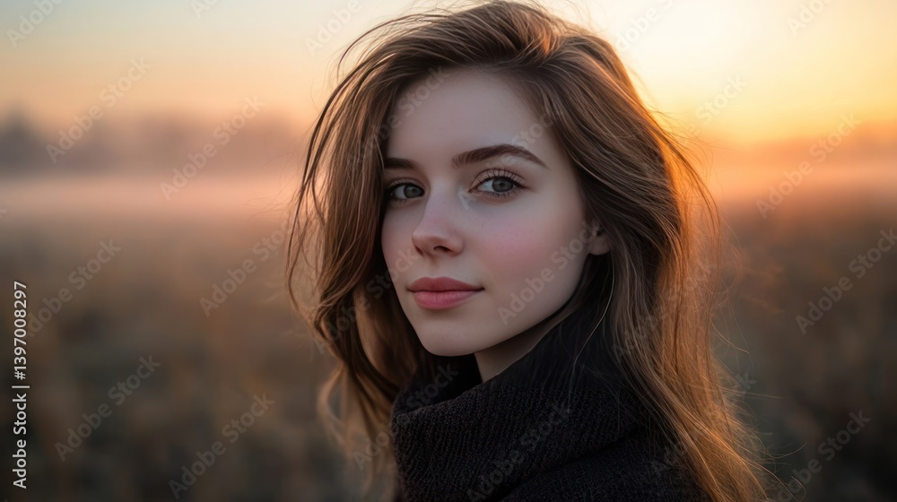 Fototapeta premium Portrait of a Young Woman with Natural Beauty in a Misty Field During Sunrise