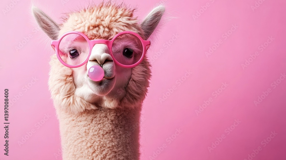 Fototapeta premium A whimsical llama wearing shades and blowing a bubble, framed by a pink background with generous copy space, crafted as a funny animal character portrait banner