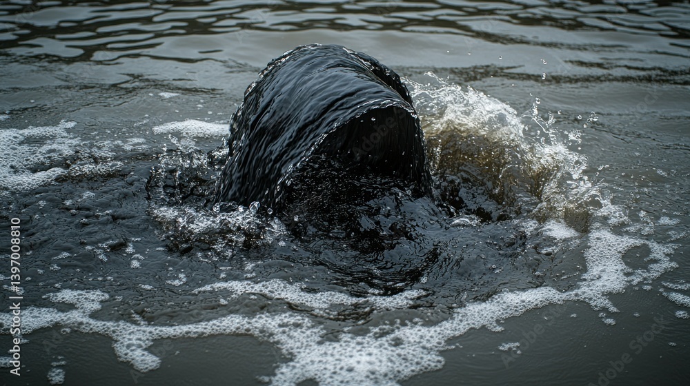 Fototapeta premium Dark object submerged in murky water, causing ripples and splashes