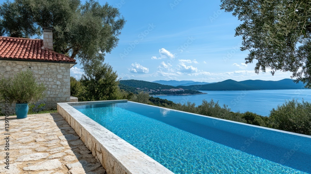 Obraz premium Serene Infinity Pool Overlooking Tranquil Seaside Landscape with Blue Waters and Lush Greenery