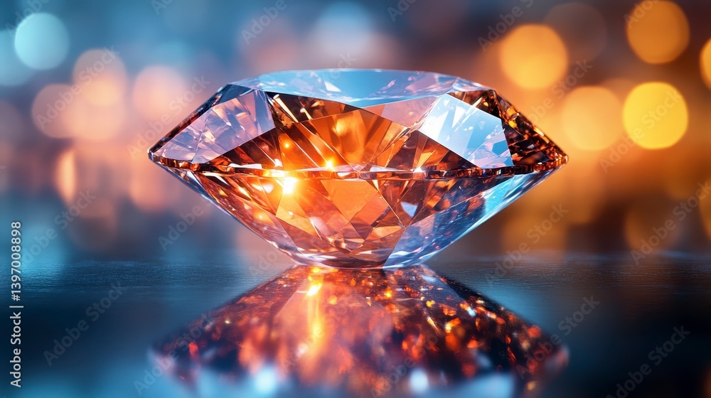 Faceted gem reflects light with intense orange glow. Reflected on surface Faceted gem reflects light with intense orange glow. Reflected on surface