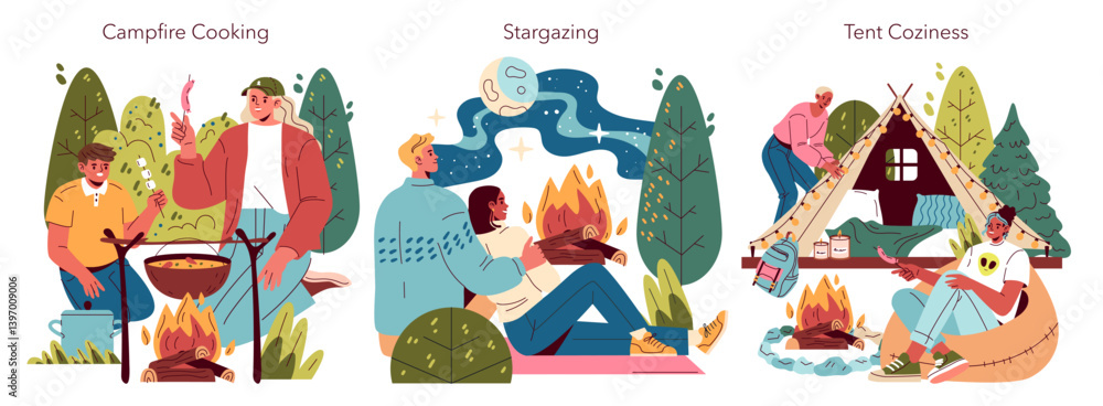 Fototapeta premium Family Camping. Flat Vector Illustration