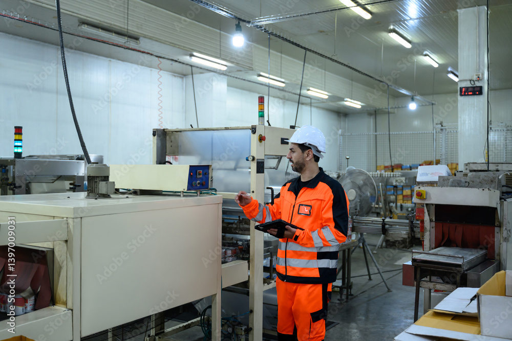 Professional technician inspecting industrial machinery in a factory Professional technician inspecting industrial machinery in a factory
